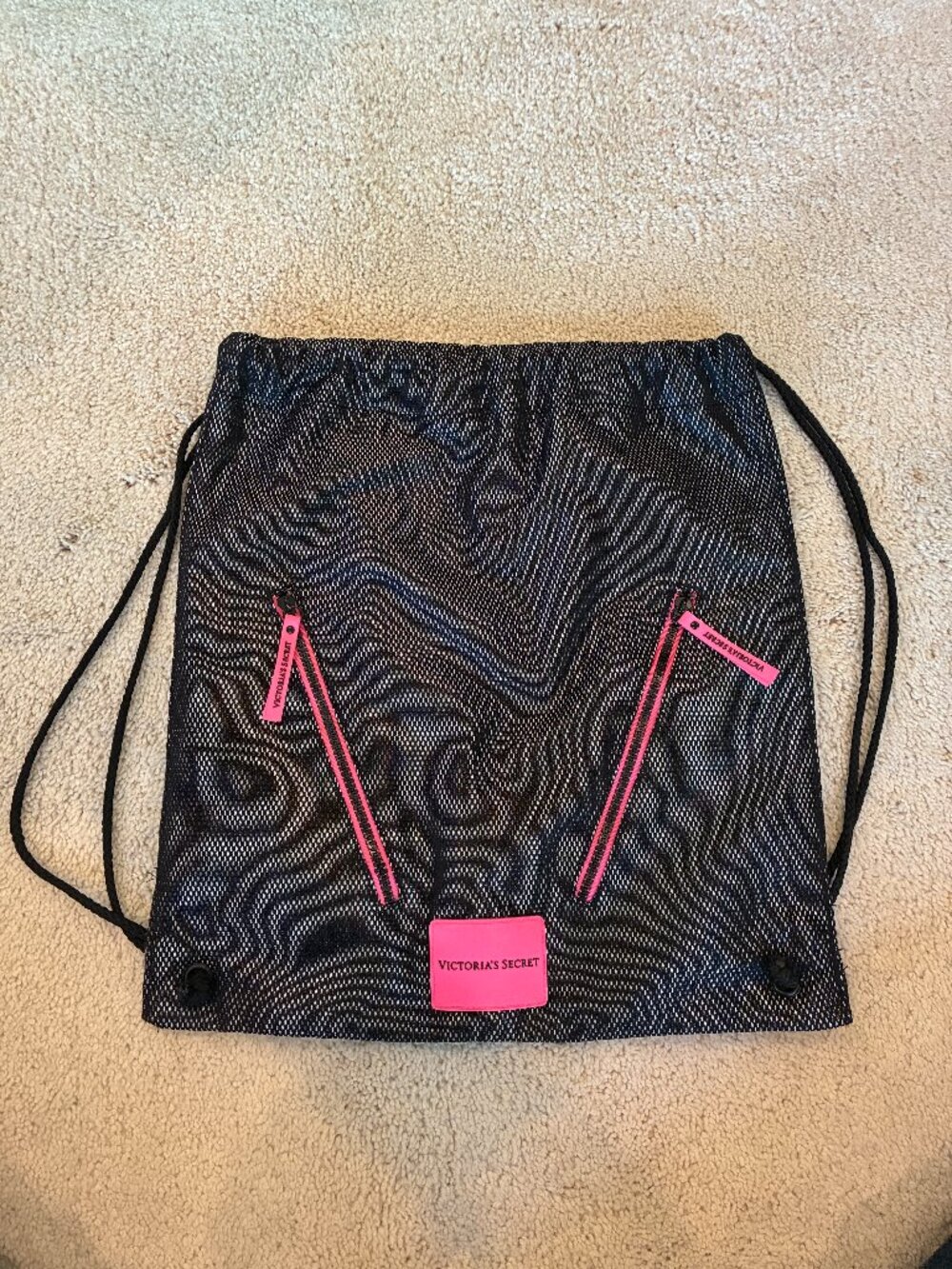 Victoria's Secret Black-Silver-Pink Drawstring Bag Backpack